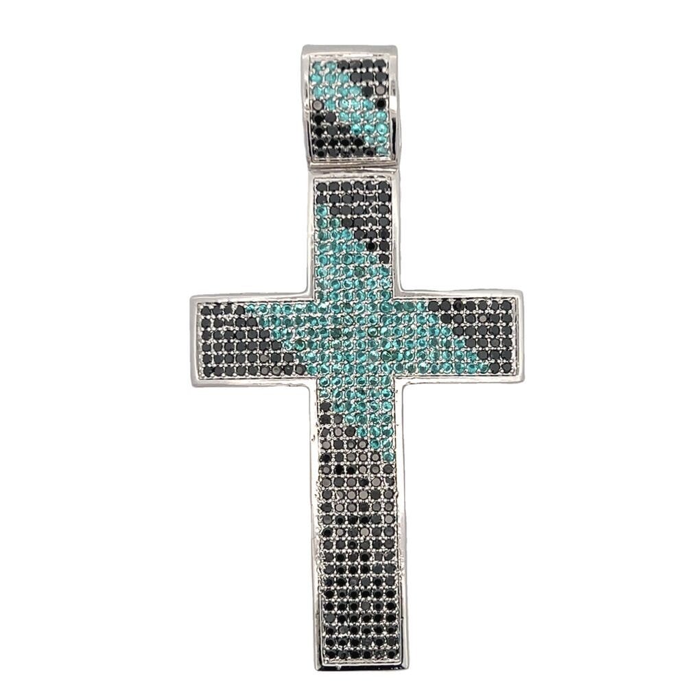 Black & Blue CZ Cross Iced Out Pendant
