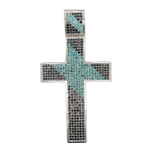 Black & Blue CZ Cross Iced Out Pendant