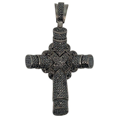 Black Cylinder X Cross CZ Iced Out Pendant .925 Sterling Silver