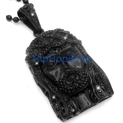 Black Jesus Piece Pendant & Rosary Chain Black CZ Diamond