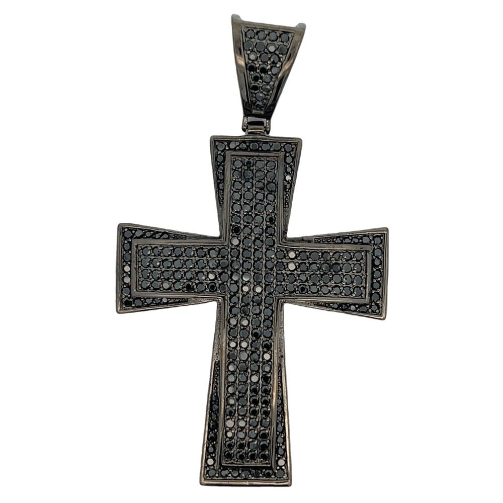 Black Layer Cross CZ Iced Out Pendant .925 Sterling Silver