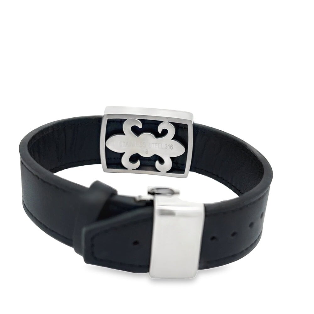 Black Leather ID CZ Iced Out Bracelet Stainless Steel
