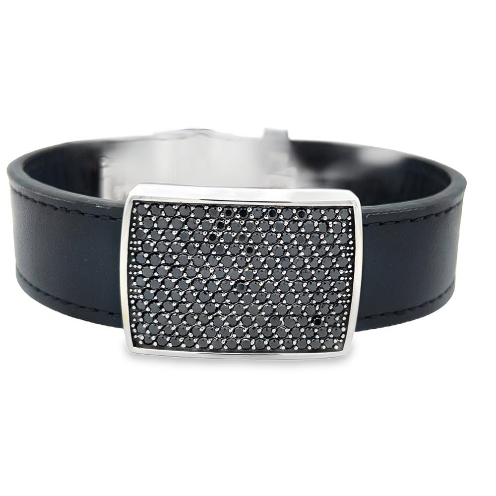 Black Leather ID CZ Iced Out Bracelet Stainless Steel