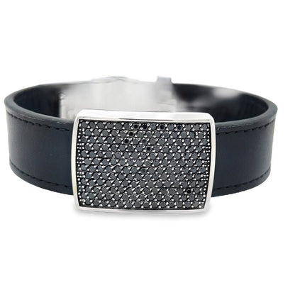 Black Leather ID CZ Iced Out Bracelet Stainless Steel