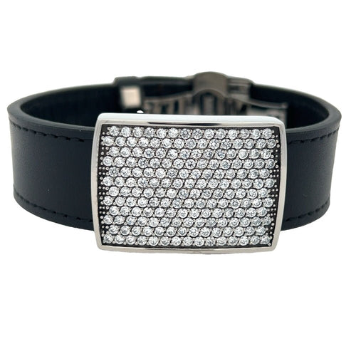 Black Leather ID CZ Iced Out Bracelet Stainless Steel