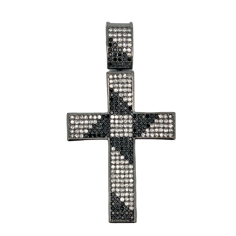Black Spiral Cross Black & White CZ Iced Out Pendant