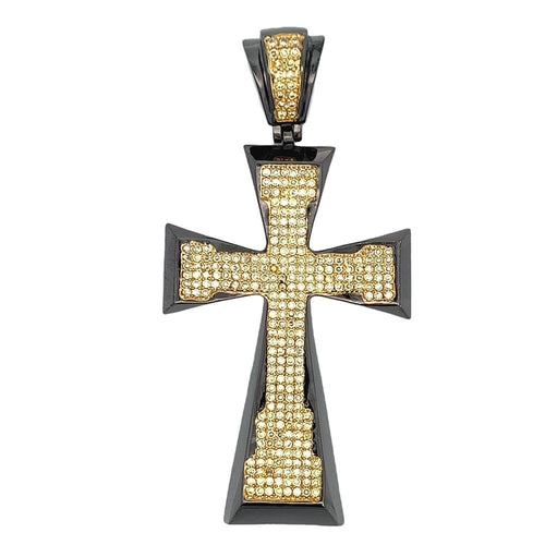Black Tapered Cross Canary Yellow CZ Iced Out Pendant