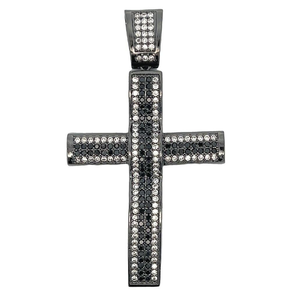 Black & White Stripe Black Cross CZ Iced Out Pendant