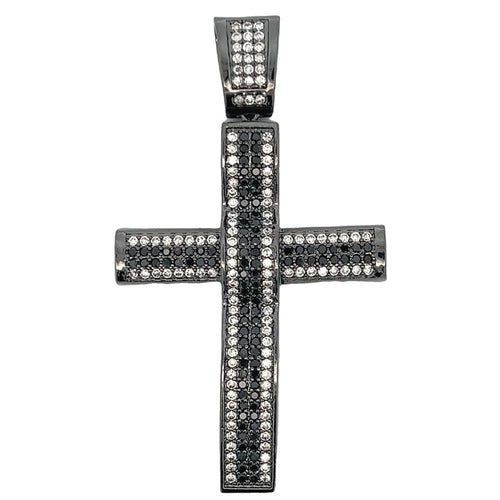 Black & White Stripe Black Cross CZ Iced Out Pendant