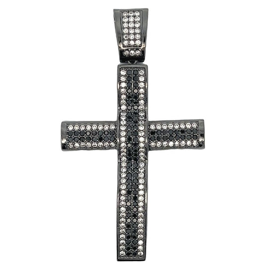 Black & White Stripe Black Cross CZ Iced Out Pendant