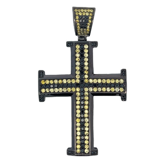Black & Yellow CZ Black Cross Potent Iced Out Pendant