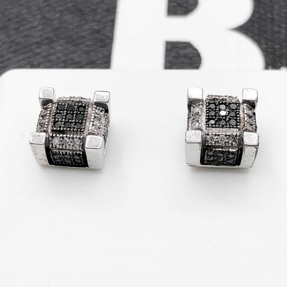 Black/White 3D Cube Diamond .29cttw Earrings .925 Sterling Silver
