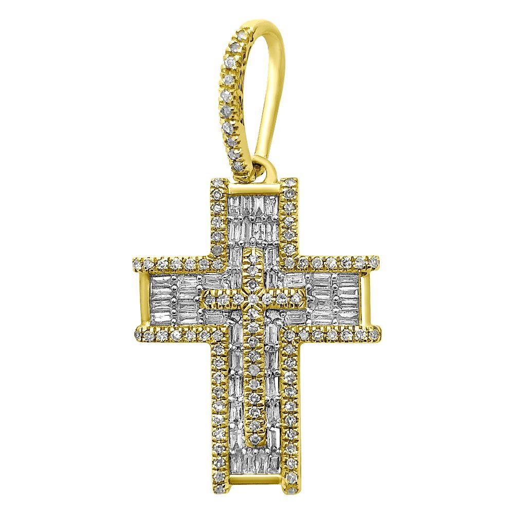 Block Cross Baguette Diamond Pendant .50cttw 10K Yellow Gold