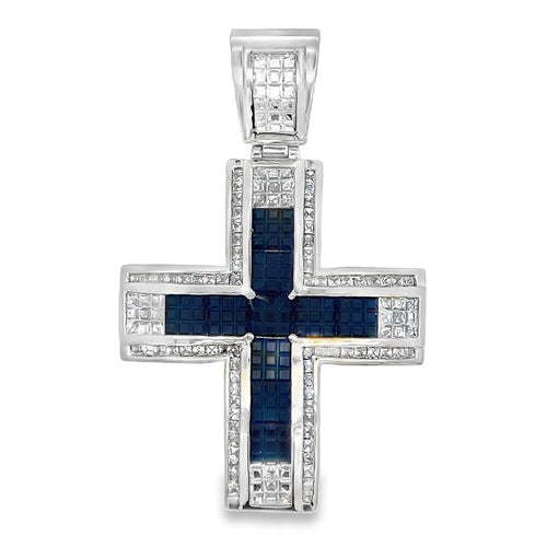 Block Cross Blue Princess Cut CZ Pendant .925 Sterling Silver