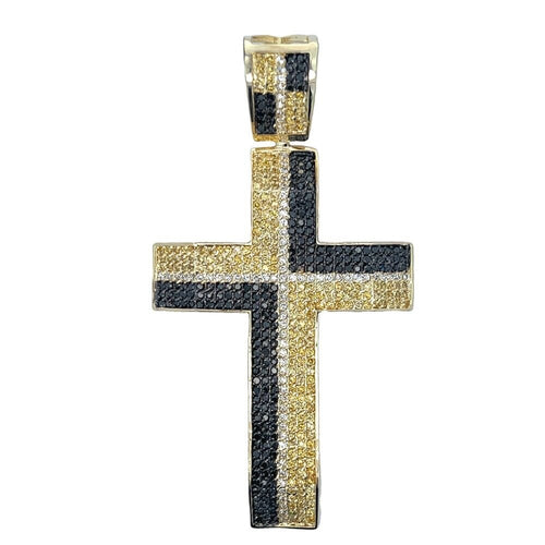 Block White Black & Yellow CZ Cross Iced Out Pendant