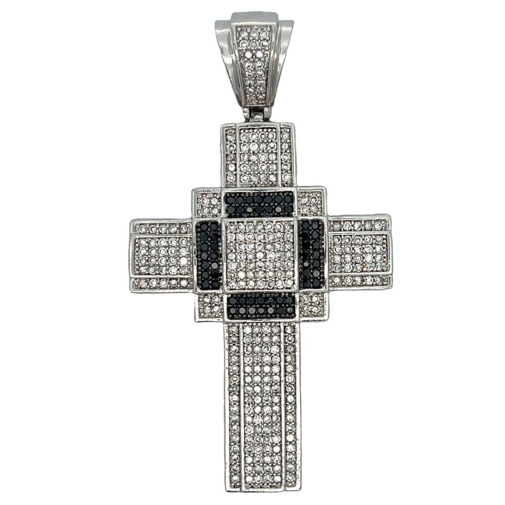 Blocky Cross Black & White CZ Iced Out Pendant