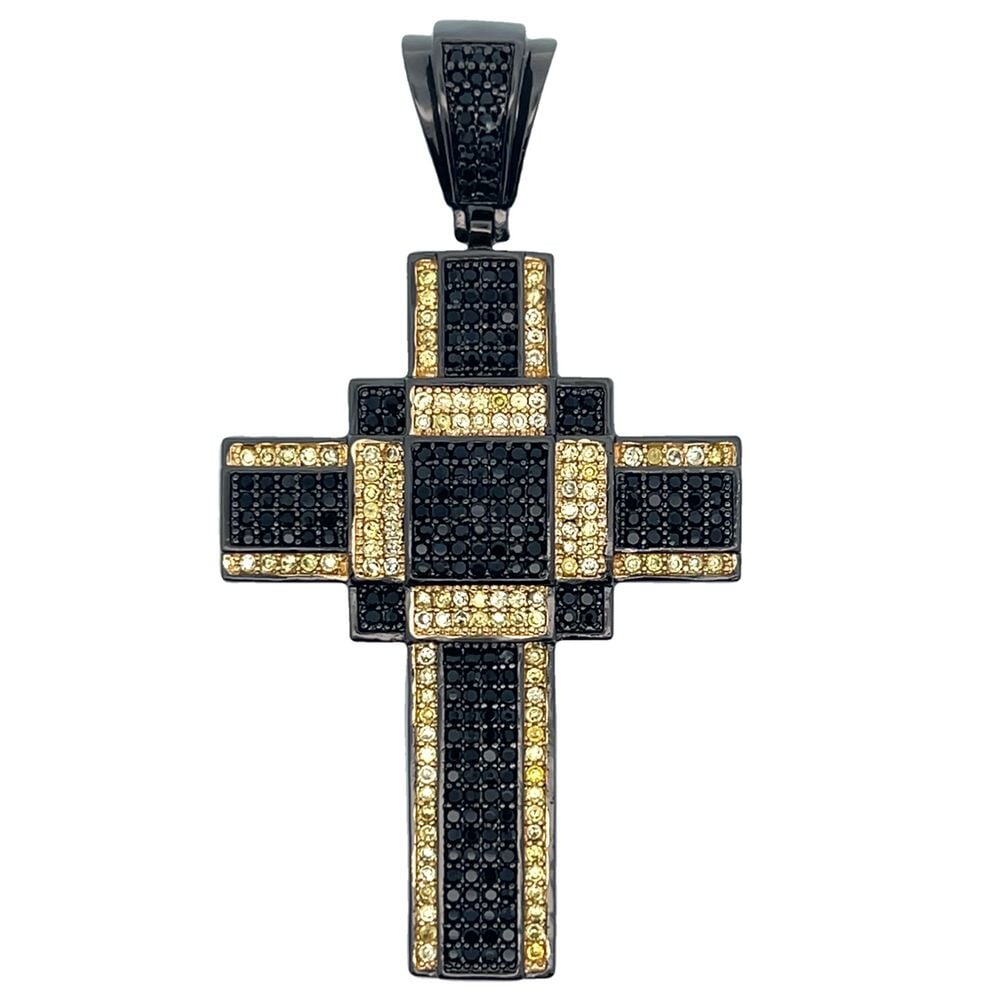 Blocky Cross Black & Yellow CZ Iced Out Pendant