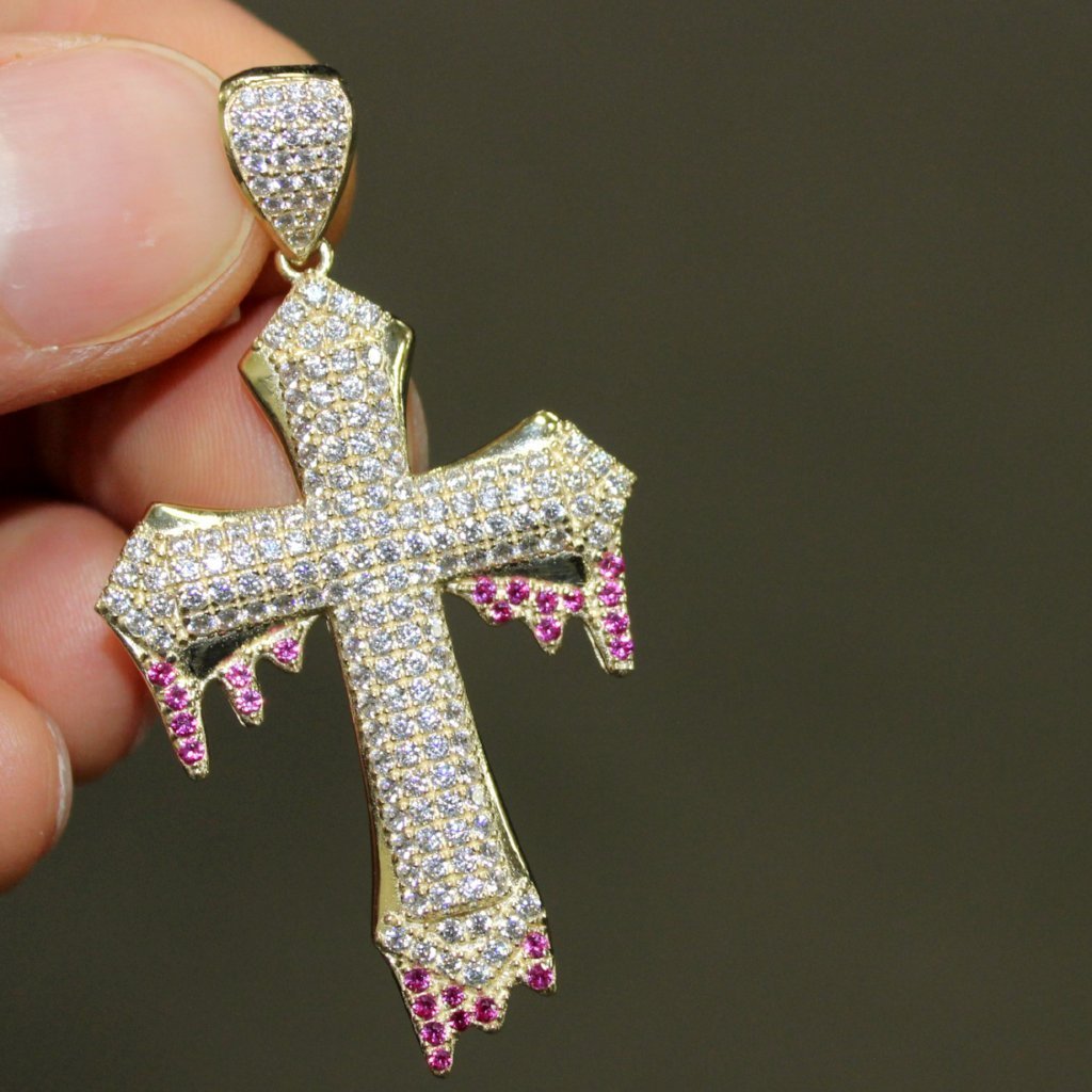 Blood Dripping Hip Hop Cross Pendant VVS CZ 10K Yellow Gold