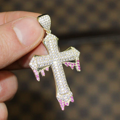 Blood Dripping Hip Hop Cross Pendant VVS CZ 10K Yellow Gold