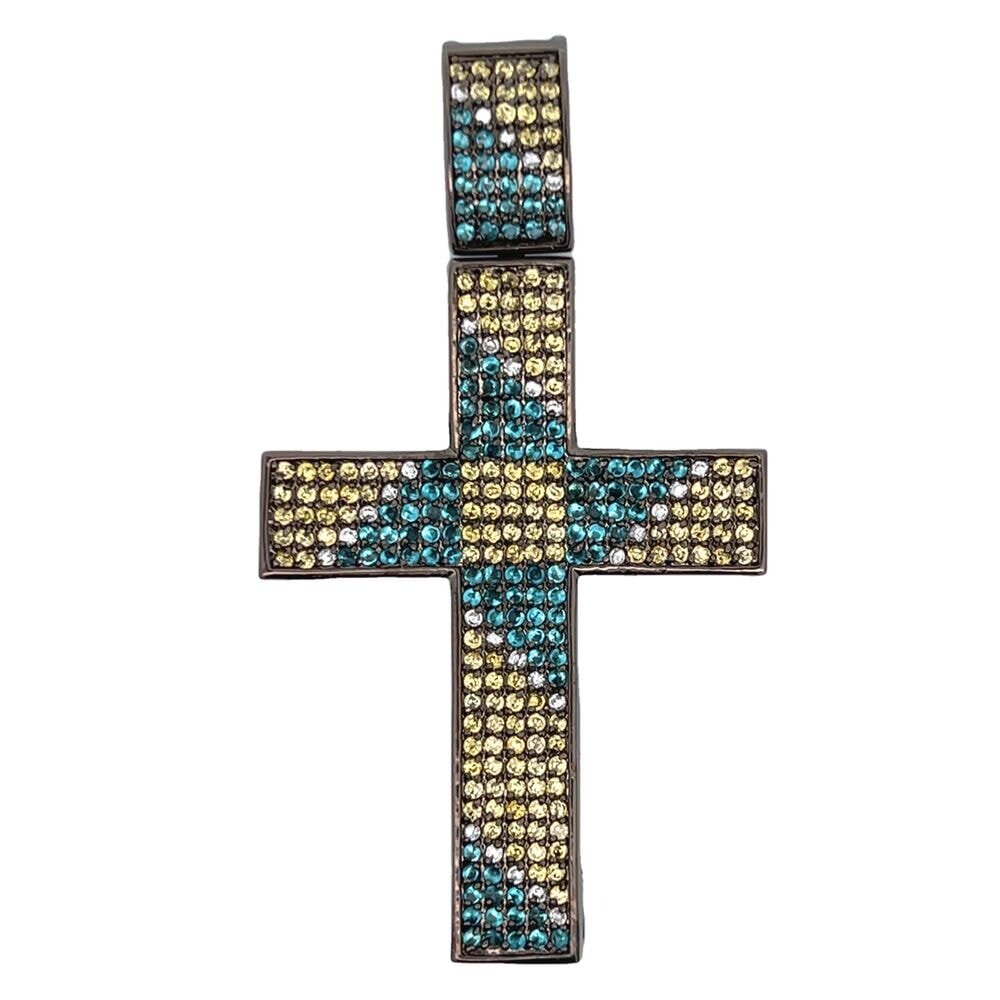 Blue & Yellow Zag CZ Cross Iced Out Pendant