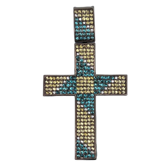 Blue & Yellow Zag CZ Cross Iced Out Pendant