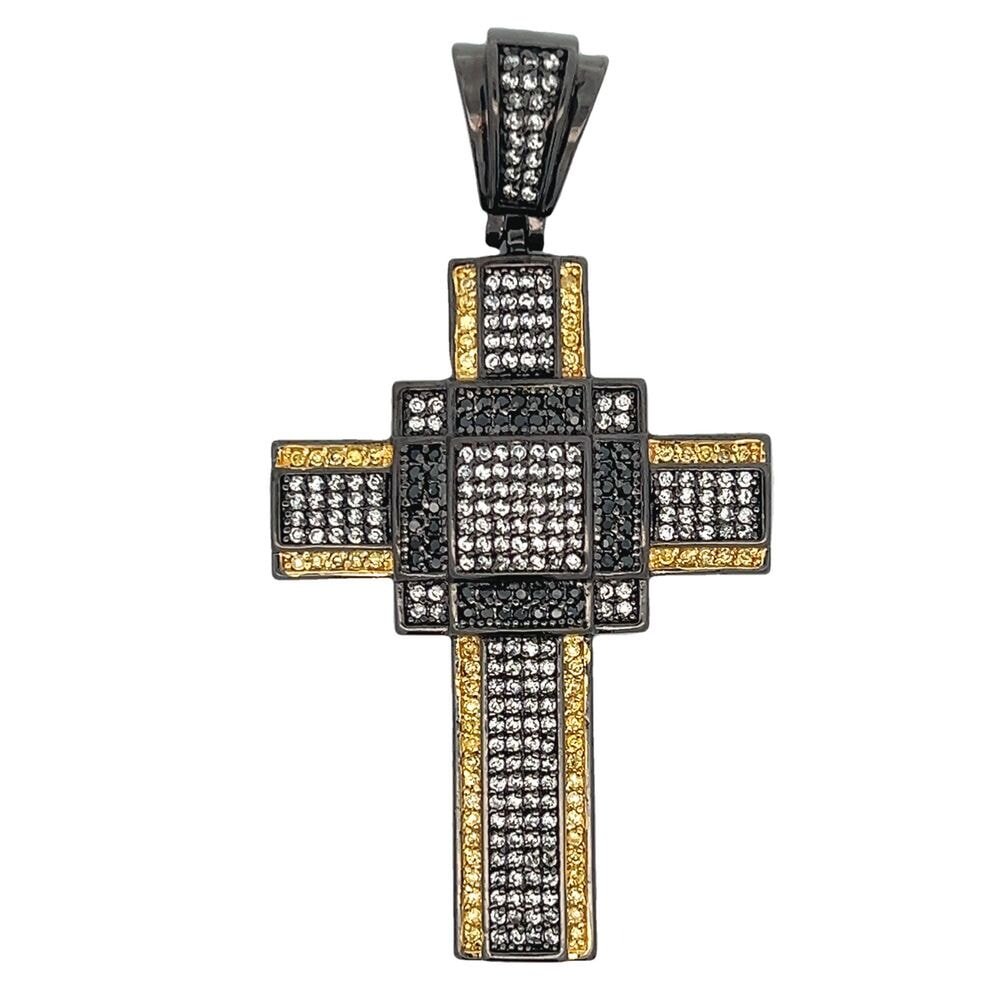 Boxy White Black & Yellow CZ Cross Iced Out Pendant