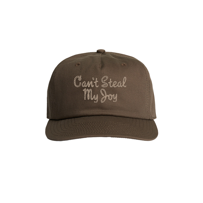 A brown baseball cap with the text 'Can't Steal My Joy' embroidered on the front.