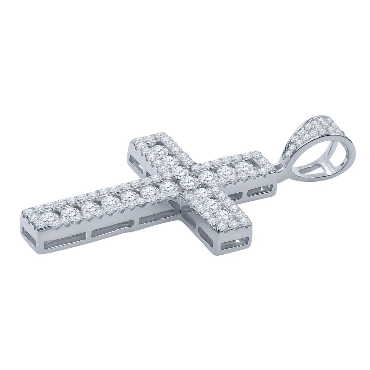 Channel Set Center Cross CZ Iced Out Pendant .925 Sterling Silver