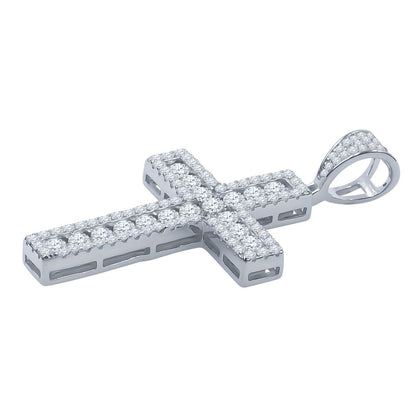 Channel Set Center Cross CZ Iced Out Pendant .925 Sterling Silver