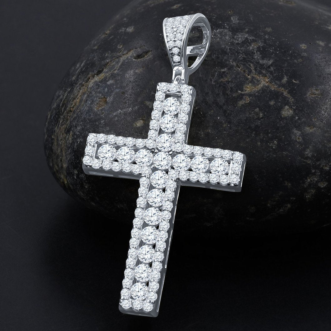 Channel Set Center Cross CZ Iced Out Pendant .925 Sterling Silver