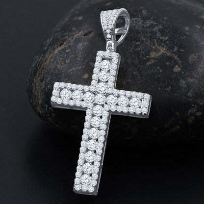 Channel Set Center Cross CZ Iced Out Pendant .925 Sterling Silver