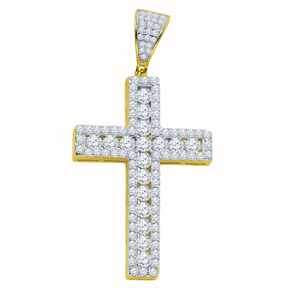 Channel Set Center Cross CZ Iced Out Pendant .925 Sterling Silver