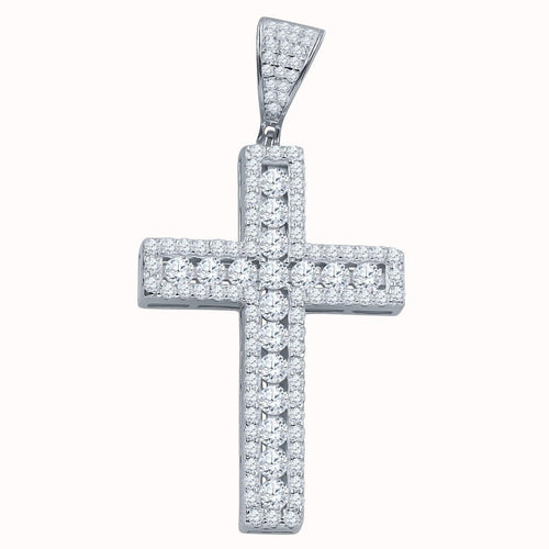 Channel Set Center Cross CZ Iced Out Pendant .925 Sterling Silver