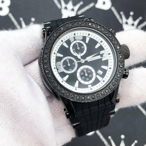 Chronograph Rubber Band 2.00 Carat Black Diamond Hip Hop Watch JoJino