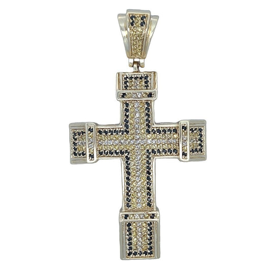 Chunky Black & Yellow & White CZ Cross Iced Out Pendant