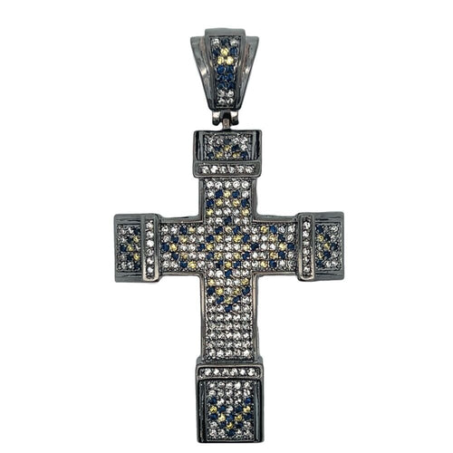 Chunky Blue & Yellow & White CZ Cross Iced Out Pendant