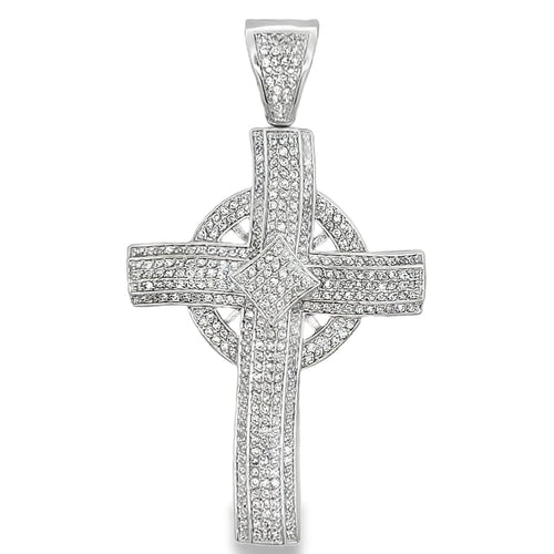 Circle Wavy Cross CZ Pendant .925 Sterling Silver