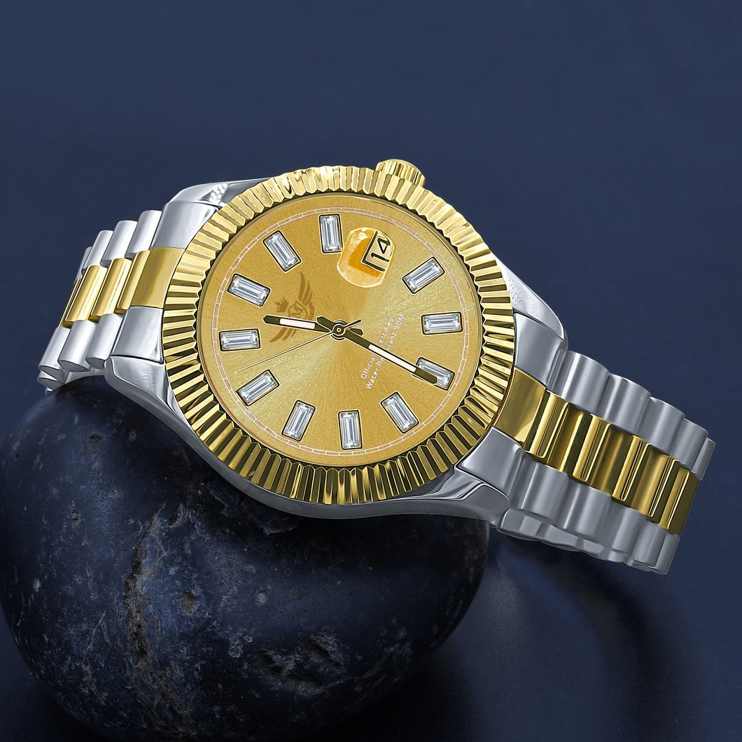 Clean 41MM Masterpiece CZ Baguette Hours Date Watch