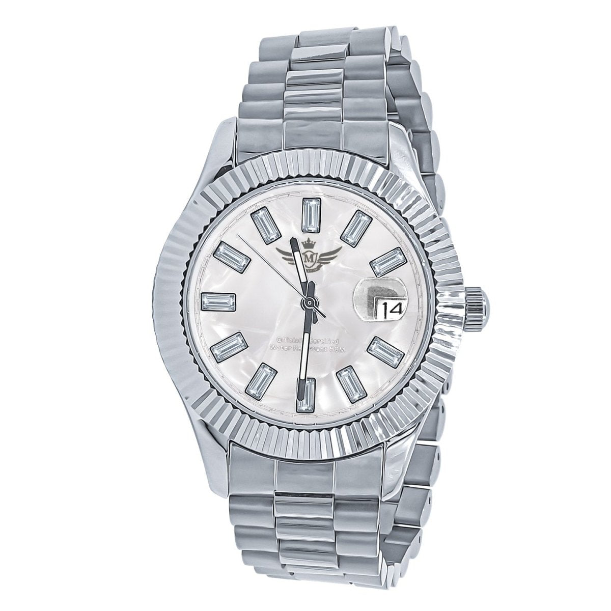 Clean 41MM Masterpiece CZ Baguette Hours Date Watch