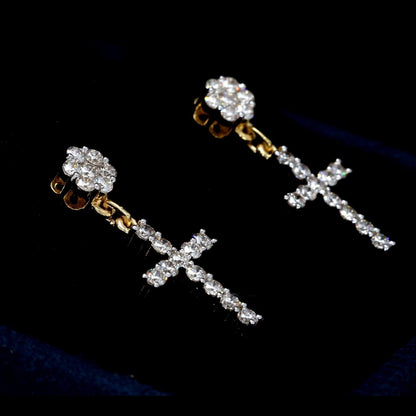 Cluster Dangling Cross Diamond Earrings Solid 14K Gold