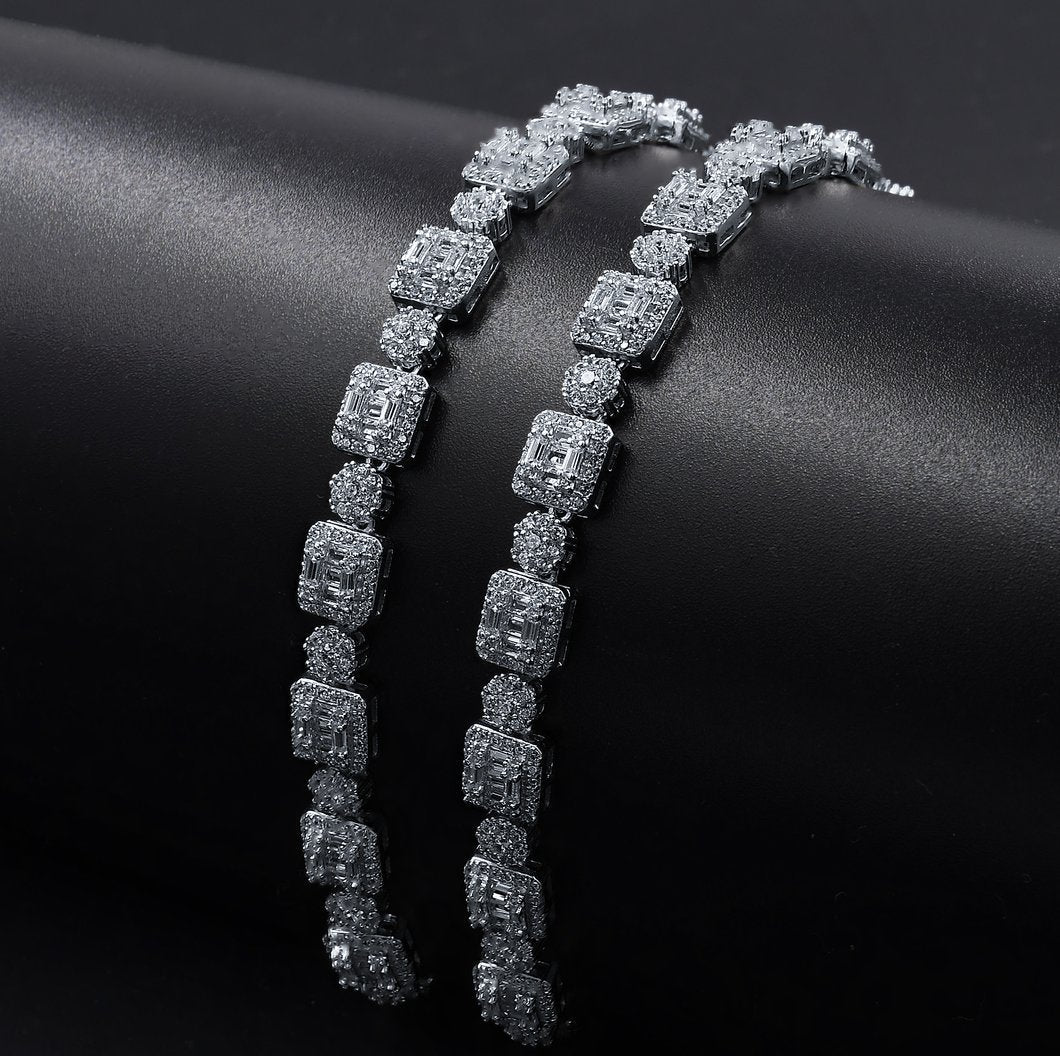 Cluster Round & Square CZ Iced Out Chain .925 Sterling Silver