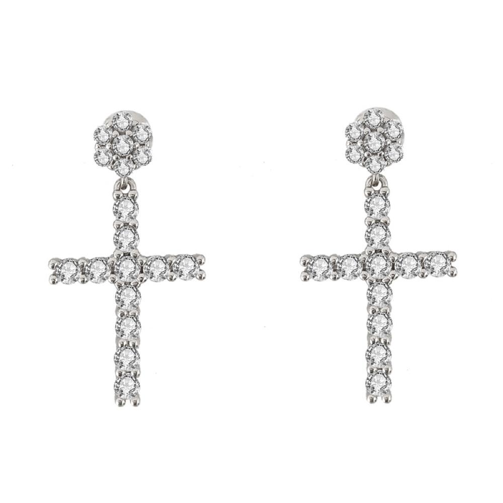 Cluster Stud Dangling L Tennis Cross CZ Iced Out Earrings .925 Silver