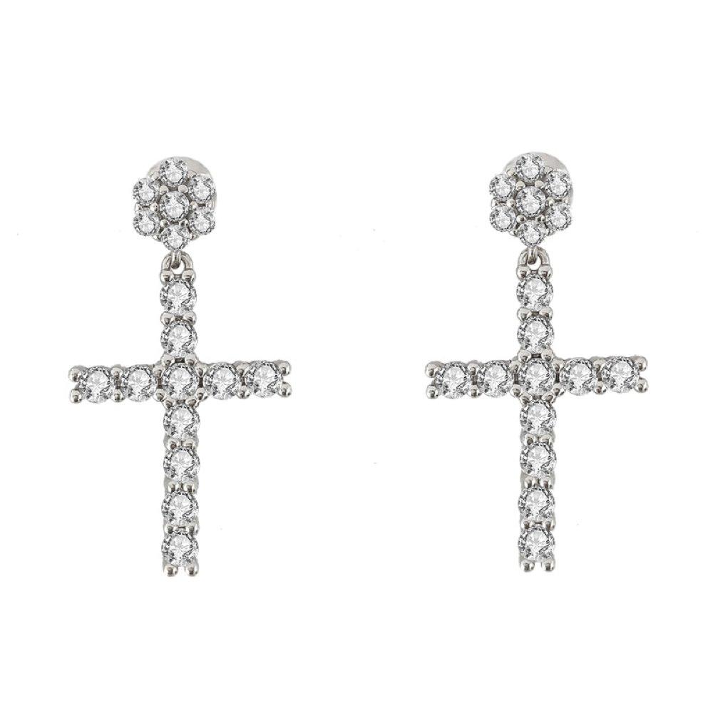 Cluster Stud Dangling Tennis Cross VVS Moissanite Earrings .925 Sterling Silver