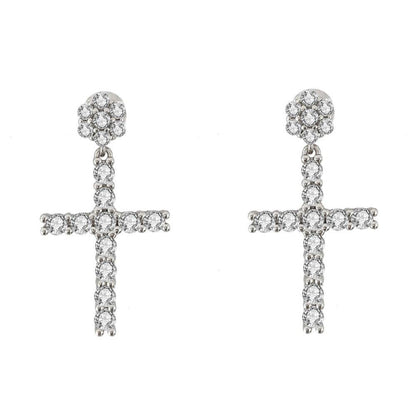 Cluster Stud Dangling Tennis Cross VVS Moissanite Earrings .925 Sterling Silver