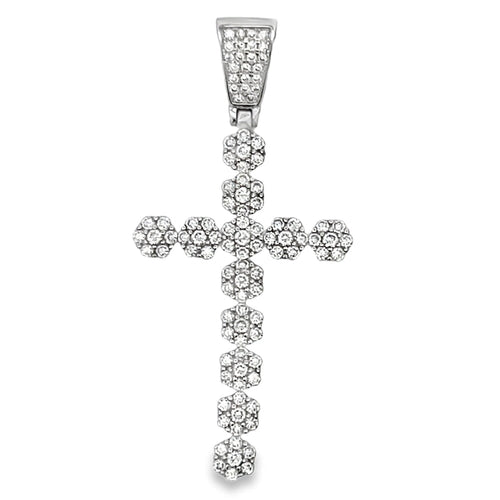 Cluster Tennis Cross Pendant .925 Sterling Silver