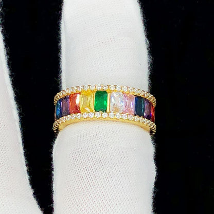 Colorful Baguette Eternity Gold Iced Out Ring .925 Sterling Silver