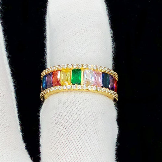 Colorful Baguette Eternity Gold Iced Out Ring .925 Sterling Silver