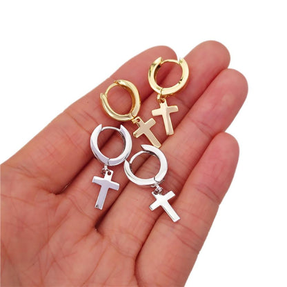 Cross Dangling Huggie Hoop Earrings .925 Silver