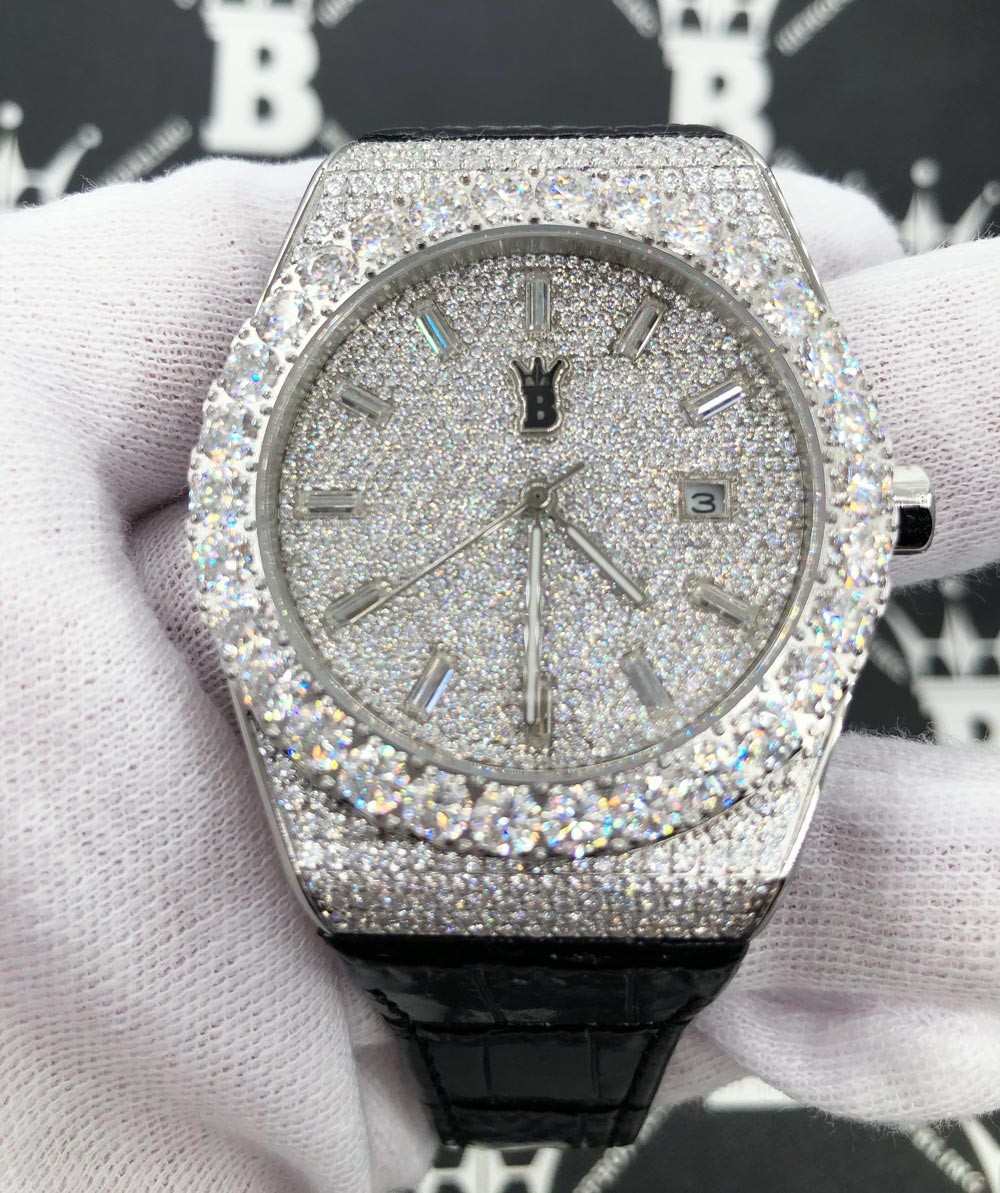 Crown Leather Iced Out Hip Hop Bling Bustdown Watch