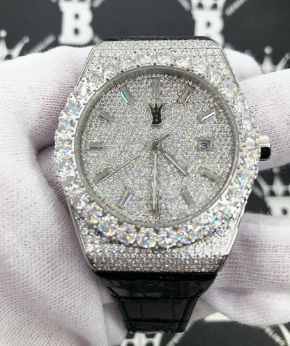 Crown Leather Iced Out Hip Hop Bling Bustdown Watch